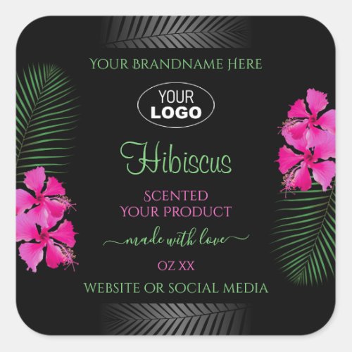 Black Product Label Pink Flowers Green Leaves Logo