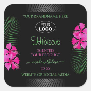 Black Product Label Pink Flowers Green Leaves Logo