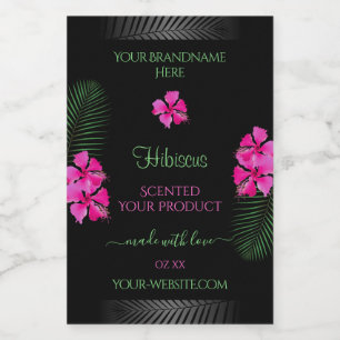 Black Product Label Pink Flowers Green Palm Leaves