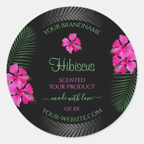 Black Product Label Pink Flowers Green Palm Leaves