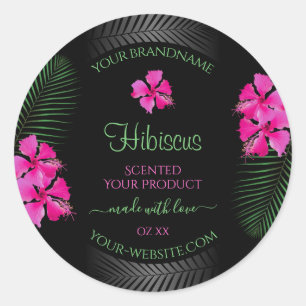 Black Product Label Pink Flowers Green Palm Leaves