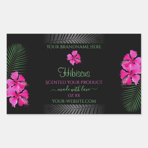 Black Product Label Pink Flowers Green Palm Leaves