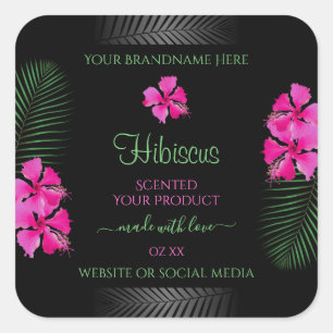 Black Product Label Pink Flowers Green Palm Leaves