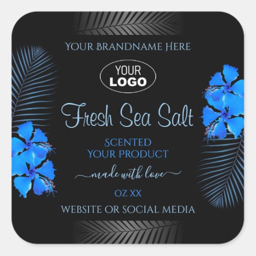 Black Product Label Sky Blue Hawaiian Flowers Logo