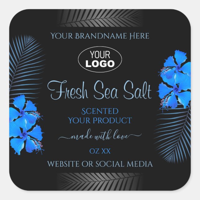 Black Product Label Sky Blue Hawaiian Flowers Logo (Front)