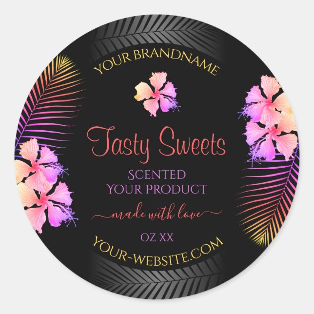 Black Product Labels Colorful Hawaiian Flowers (Front)