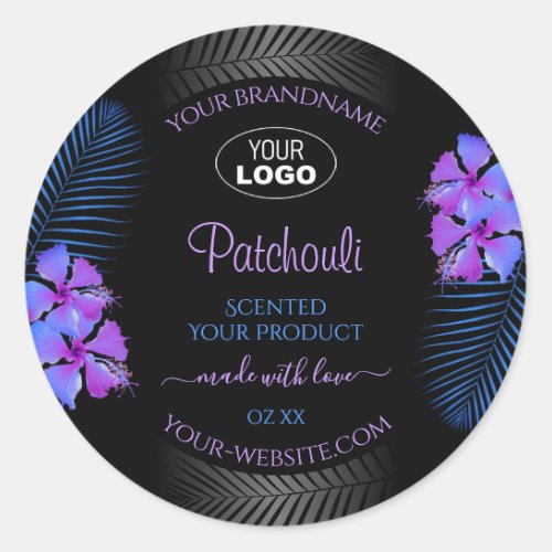 Black Product Labels Purple Blue Flowers with Logo