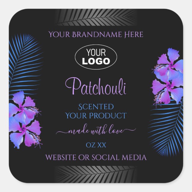 Black Product Labels Purple Blue Flowers with Logo (Front)