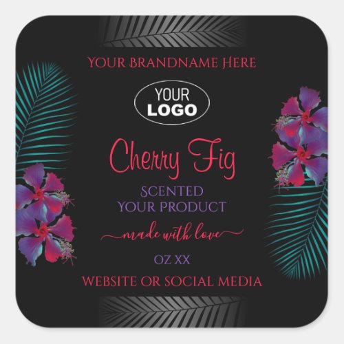 Black Product Labels Teal Purple Red Flowers Logo