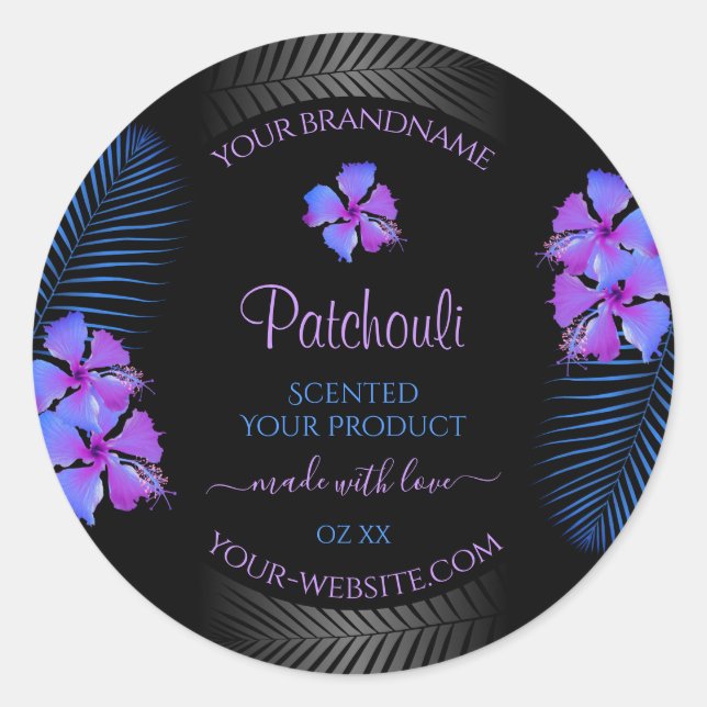 Black Product Labels Tropical Purple Blue Flowers (Front)