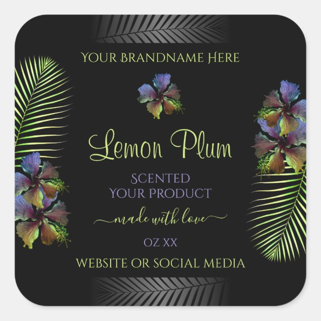 Black Product Labels Yellow Purple Hawaii Flowers (Front)