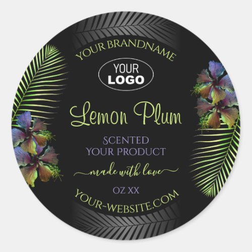 Black Product Labels Yellow Purple Hibiscus Logo