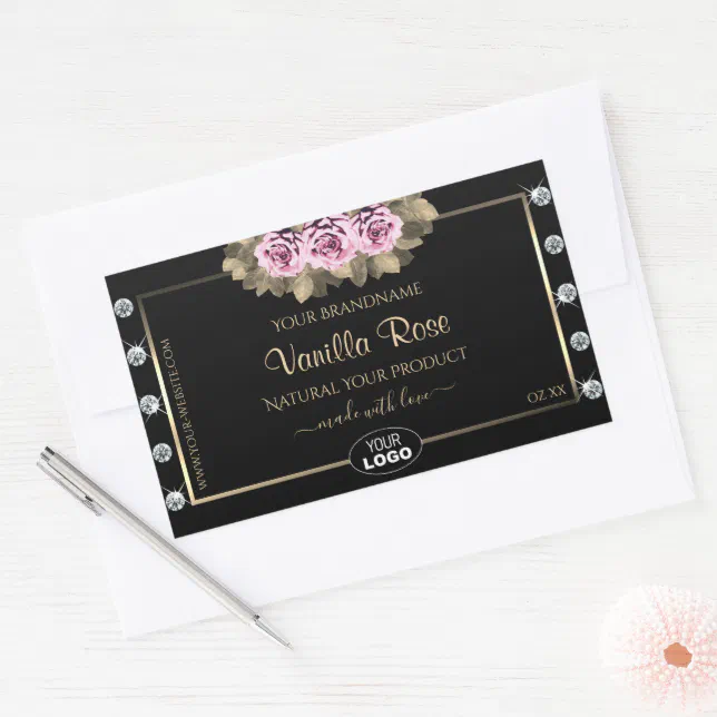Black Product Packaging Labels Roses Diamonds Logo | Zazzle