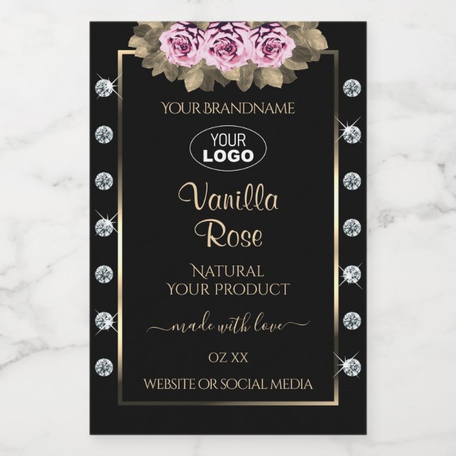 Black Product Packaging Labels Roses Diamonds Logo (Single Label)