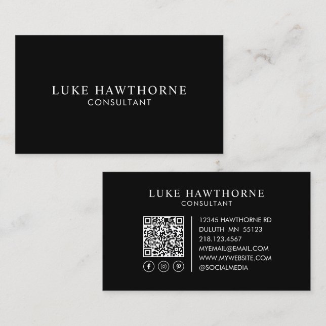 Black Professional Elegant Modern Minimal QR Code  Business Card (Front/Back)