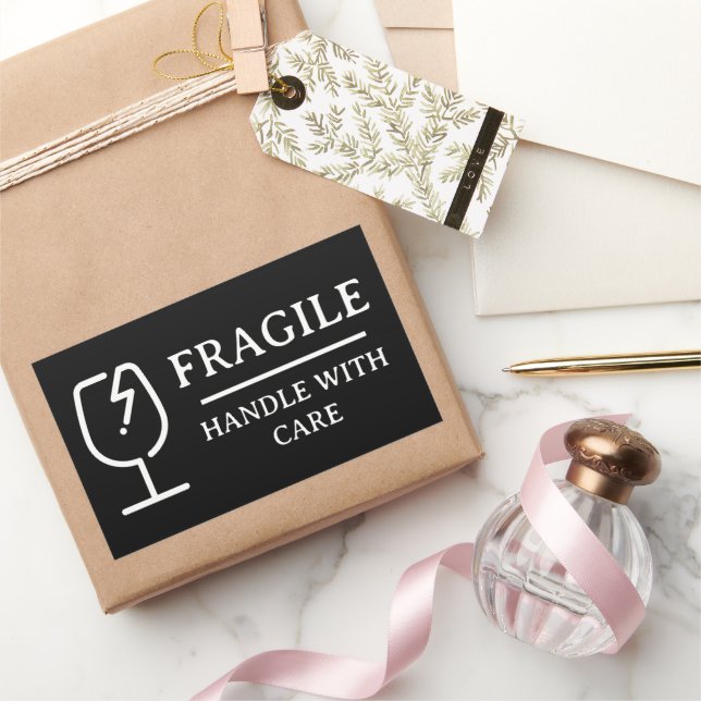Black Professional Fragile Handle With Care Rectangular Sticker (Gifting)