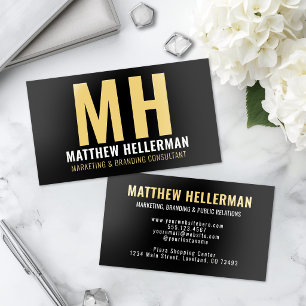 Black Professional Modern Monogram Gold Foil Business Cards