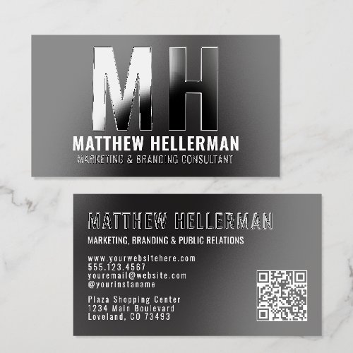 Black Professional QR Code Modern Monogram Raised Spot UV Business Card