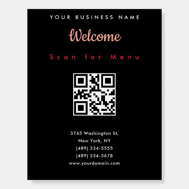 Black Professional Scannable QR Code Menu Foam Board (Front)
