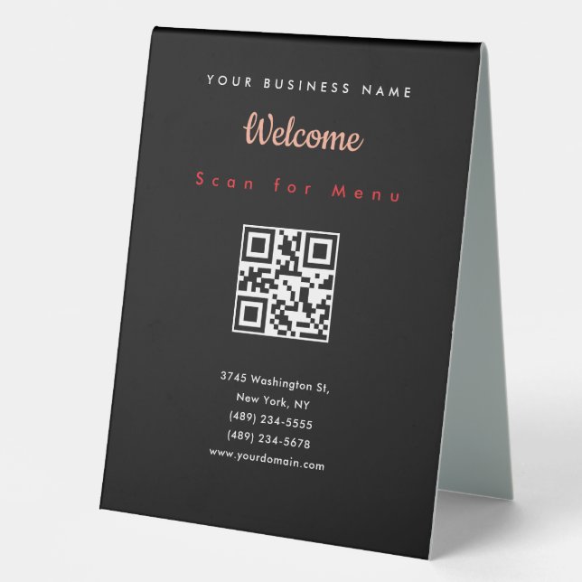 Black Professional Scannable QR Code Menu Table Tent (Front)
