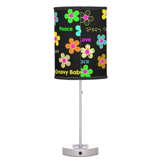 Black Psychedelic Funk 60s Groovy Flowers Pattern Table Lamp (Back)