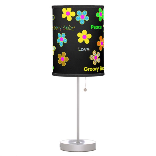 Black Psychedelic Funk 60s Groovy Flowers Pattern Table Lamp (Left)
