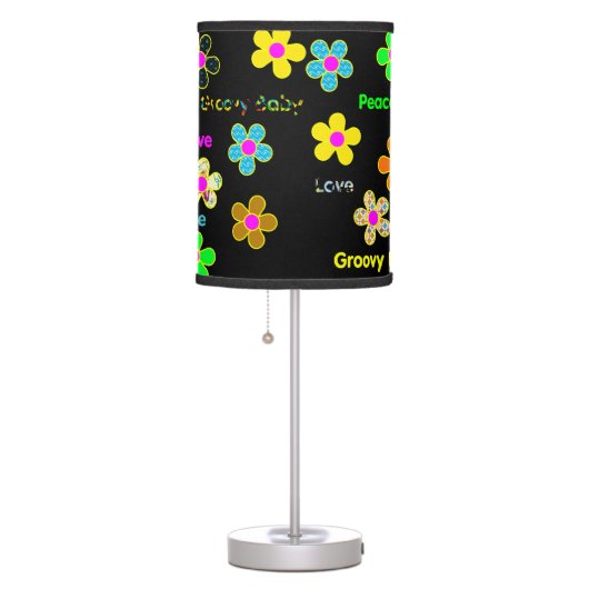 Black Psychedelic Funk 60s Groovy Flowers Pattern Table Lamp (Right)