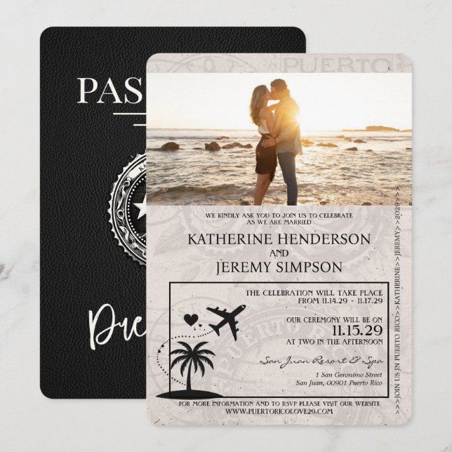 Black Puerto Rico Passport Wedding Invitation (Front/Back)