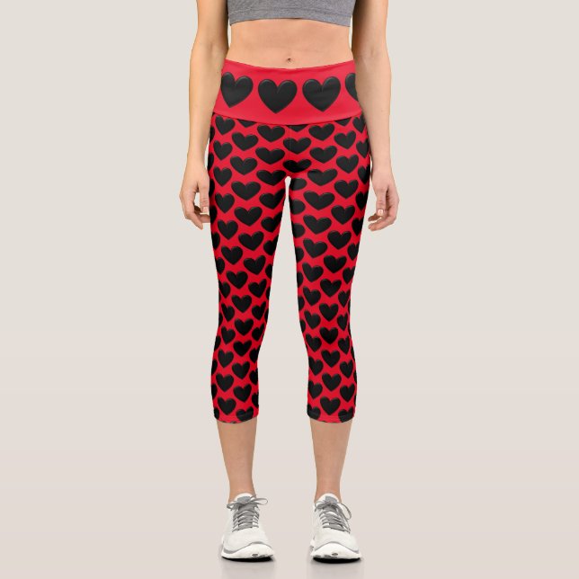 Black Puffy Hearts Capri Leggings (Front)