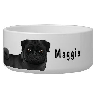 Black Pug Cartoon Dog Close-Up With Custom Name Bowl