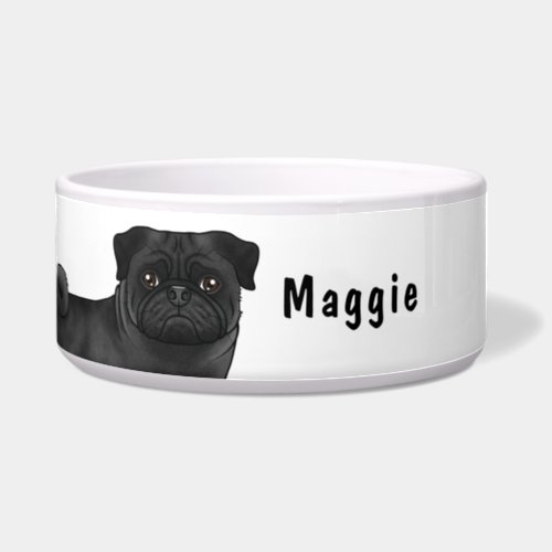 Black Pug Cartoon Dog Close_Up With Custom Name Bowl