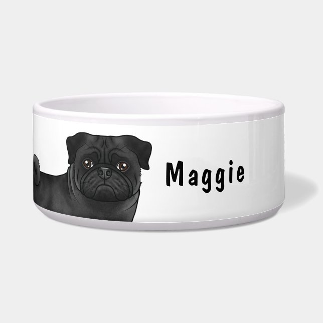 Black Pug Cartoon Dog Close-Up With Custom Name Bowl (Front)