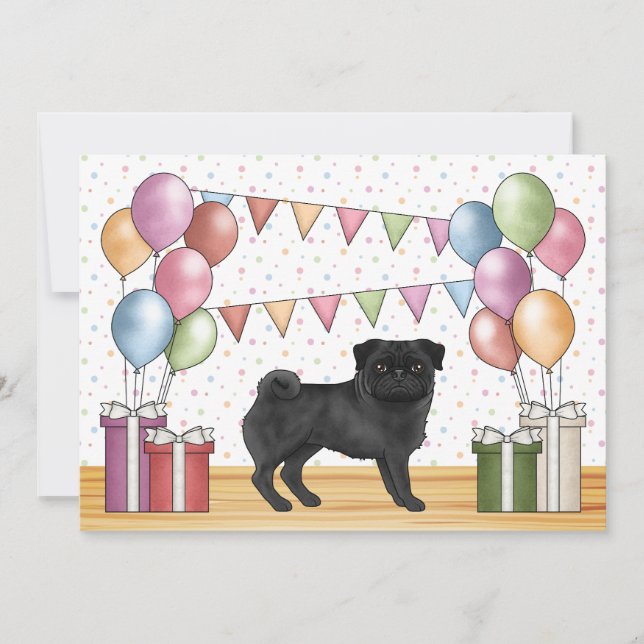 Black Pug Cartoon Dog Colorful Pastels Birthday Invitation (Front)