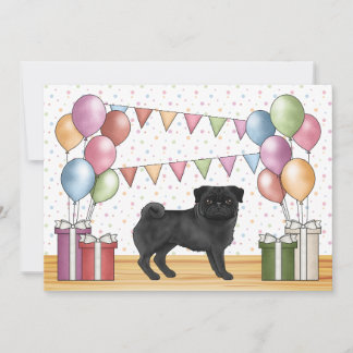 Black Pug Cartoon Dog Colorful Pastels Birthday Invitation