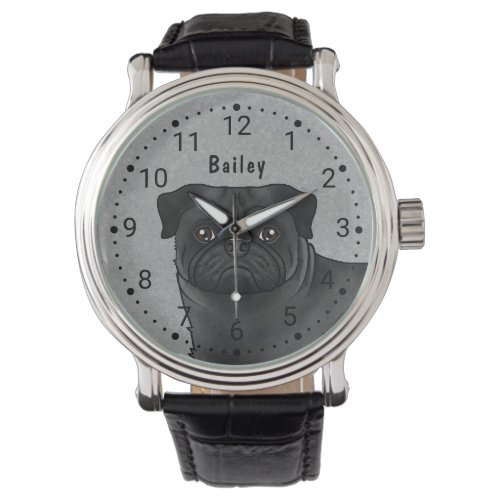 Black Pug Cartoon Dog Face Close_Up With Name Gray Watch