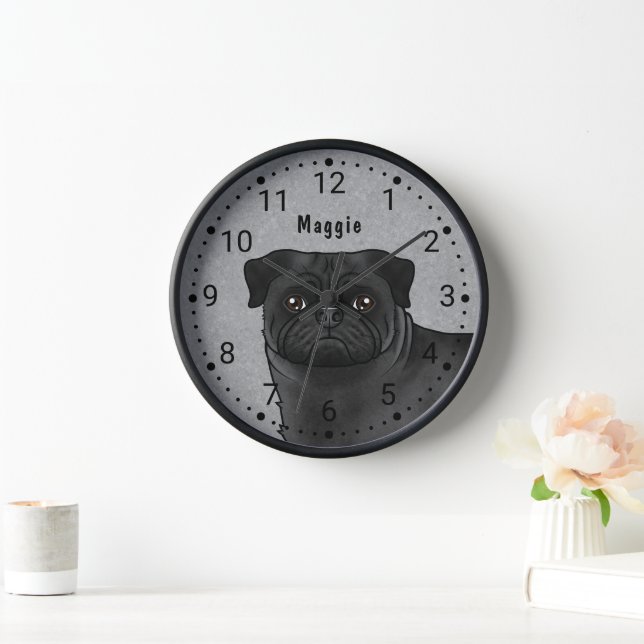 Black Pug Cartoon Dog Head Close-Up And Name Gray Clock (Home)