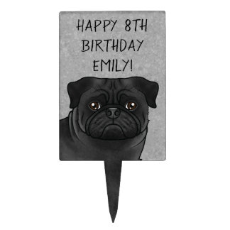 Black Pug Cartoon Dog Head Happy Birthday Gray Cake Topper