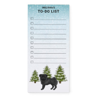 Black Pug Cartoon Dog Winter Forest To Do List Magnetic Notepad