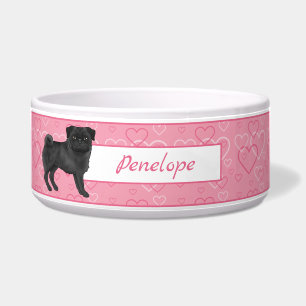 Black Pug Cartoon Mops On Pink Hearts With Name Bowl