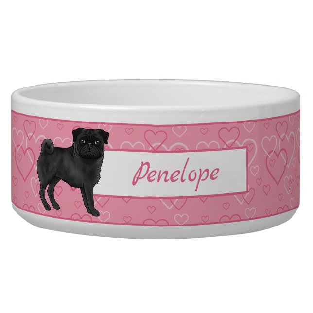Black Pug Cartoon Mops On Pink Hearts With Name Bowl (Front)