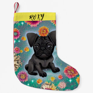 Black Pug Christmas Stocking with name.