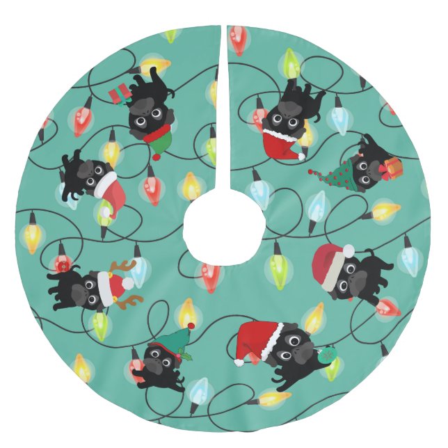 Black Pug Christmas Tree Skirt (Front)