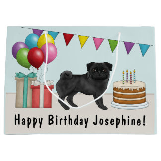 Black Pug Cute Cartoon Dog Colorful Birthday Large Gift Bag