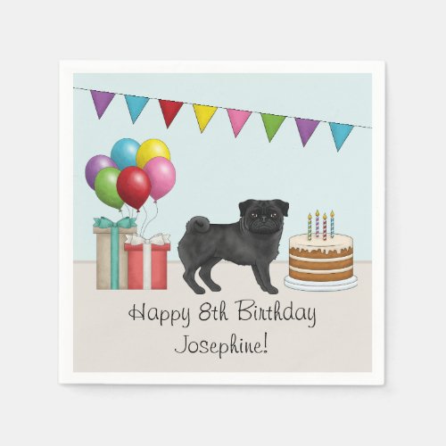 Black Pug Cute Cartoon Dog Colorful Birthday Napkins