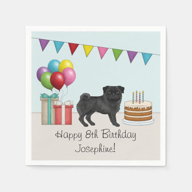 Black Pug Cute Cartoon Dog Colorful Birthday Napkins (Front)