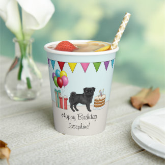 Black Pug Cute Cartoon Dog Colorful Birthday Paper Cups