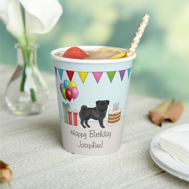 Black Pug Cute Cartoon Dog Colorful Birthday Paper Cups (Insitu)