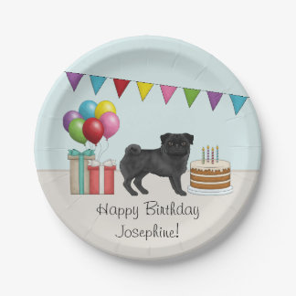 Black Pug Cute Cartoon Dog Colorful Birthday Paper Plates