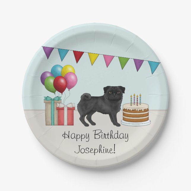Black Pug Cute Cartoon Dog Colorful Birthday Paper Plates (Front)