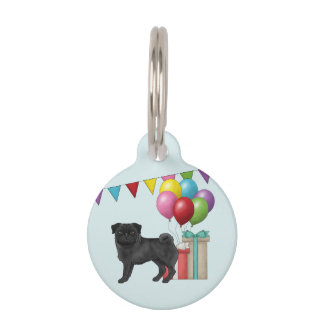 Black Pug Cute Cartoon Dog Colorful Birthday Pet ID Tag